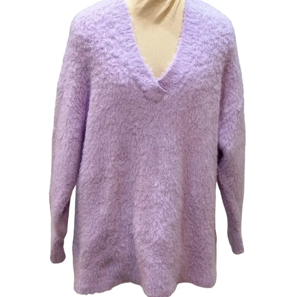 By Anthropologie Sweater Purple Boucle Fuzzy V Neck Women’s Size M - Picture 3 of 9